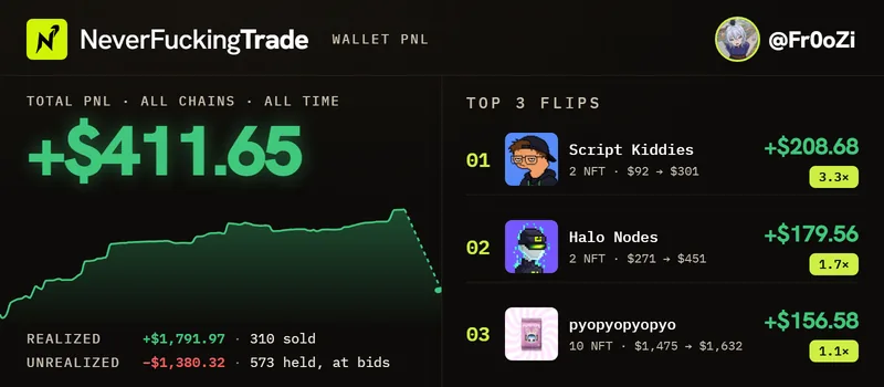 A Wallet PnL card of @Fr0oZi: total PnL +$411.65 across all chains, top flips Script Kiddies, Halo Nodes and pyopyopyopyo
